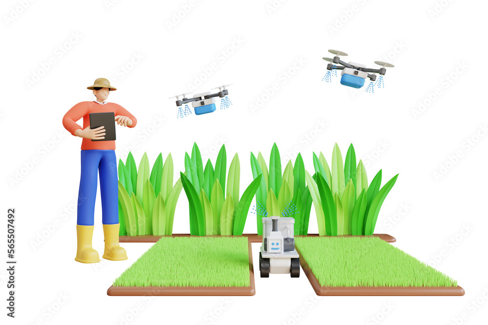Farmer using automated watering 3D Illustration