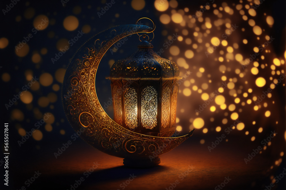 A golden lantern in the foreground, with a crescent moon and fireworks in the background, creating a beautiful Ramadan scene.