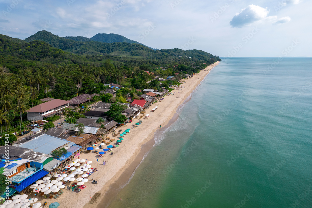 Aerial view of Lanta Klong Nin beach on sunny day. Ko Lanta, Krabi Province, Thailand.