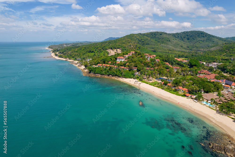Aerial view of beaches on western part of Ko Lanta island on sunny day. Krabi Province, Thailand.