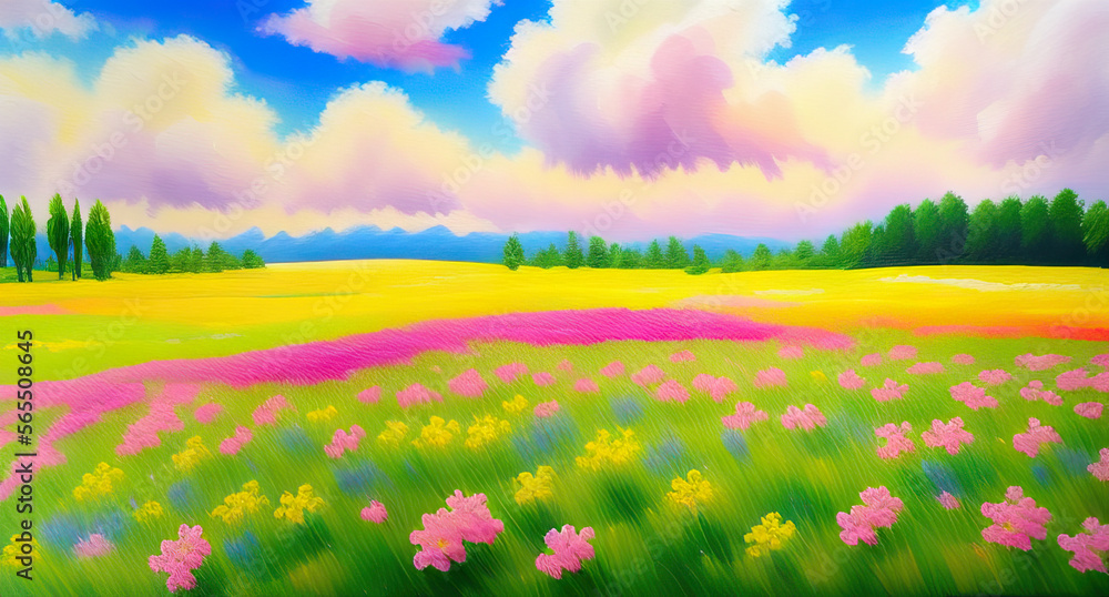 field of flowers landscape painting under beautiful clouds generative ai