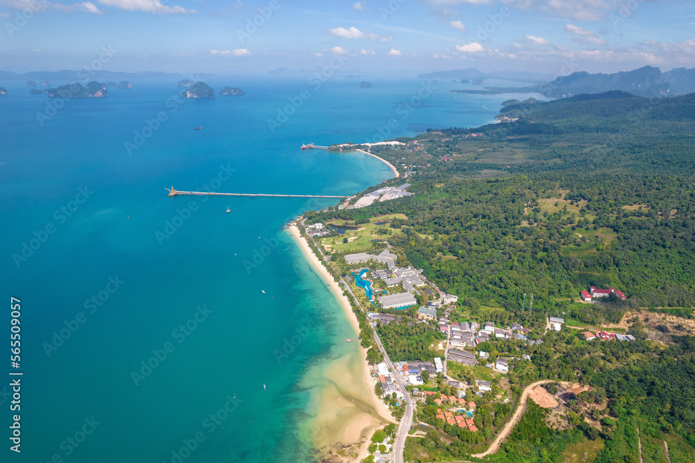 Aerial view of Klong Muang Beach and Ko Kwang Pier on sunny day. Krabi Province, Thailand.