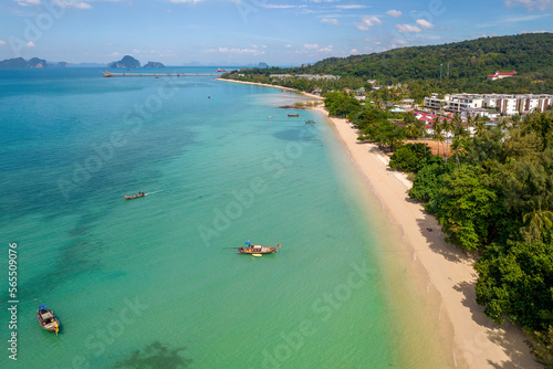  Drone view of Klong Muang Beach on a sunny day. Krabi Province, Thailand.