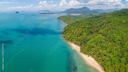 Panoramic aerial view of Silanto Beach on sunny day. Krabi Province, Thailand.