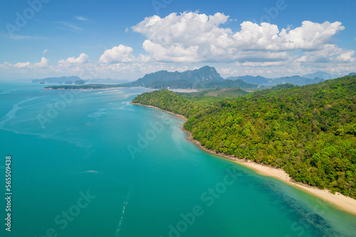 Aerial view of empty Silanto Beach on sunny day. Krabi Province, Thailand.