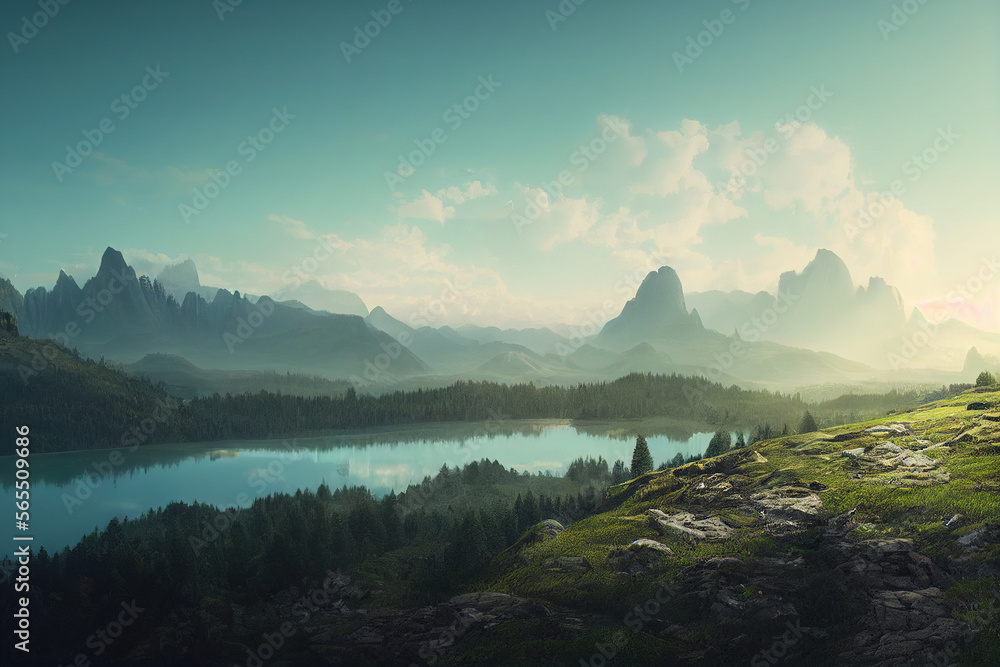 Mountain river landscape green forest for natural beauty background ...