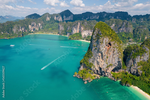 Aerial view of West Railay Bay on sunny day. Krabi Province, Thailand.
