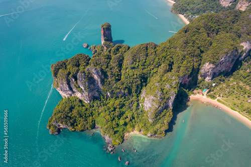 Fototapeta Naklejka Na Ścianę i Meble -  Aerial view of Tonsai beach and Ao Nang Tower on sunny day. Ao Nang, Krabi Province, Thailand.