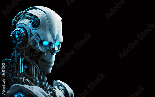 Robot android with blue lights isolated in black background created with a Generative AI technology  © jim