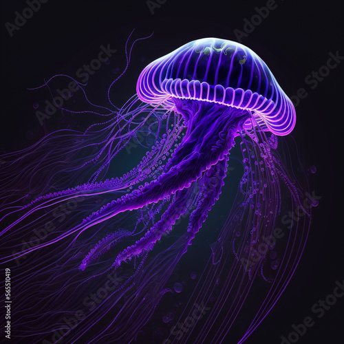 Purple jellyfish generative ai in the water, black background
