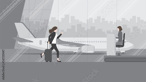 Business trip, a businesswoman runs to ground service officer counter check-in at an international airport terminal. Rush hour, Urgent time, Busy work, Lately arrive passenger, City lifestyle concept.