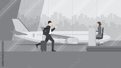 Business trip, a businessman runs to ground service officer counter check-in at an international airport terminal. Rush hour, Urgent time, Busy worker, Lately arrive passenger, City lifestyle concept.