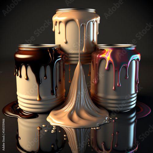 steel paint pots overflowing with brown and caramel coloured paint