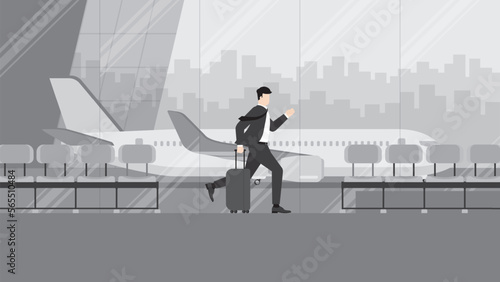 Business trip, a businessman runs to a flight at an international airport terminal. Rush hour, Urgent time, Busy worker, Hectic life, Lately arrive passenger, Daily haste, City lifestyle concept.