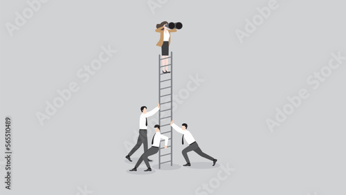 Global recession concept. A vision businessman uses binoculars, look for opportunities. The team supports a ladder. The financial crisis, economic downturn, inflation, recession, failure, and crisis.