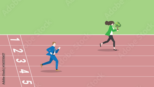 Advantages of ESG and green business policy of environmental concern, save a planet, eco friendly sustainability company. A leader businesswoman with a tree and rivalry is compete run on a race track.