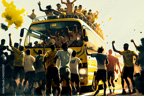 Soccer crowd or football fans celebration on the road. Generative AI. photo