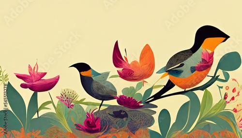 tranquil birds and flowers flat art illustration