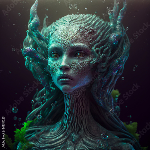 Underwater alien mermaid creature(s). Created using ai generative.  photo