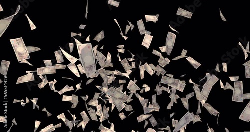 Video of many Japanese 10,000 yen bills scattered. With alpha channel. With depth matte. 4k compatible. 3D motion graphics. Currency Finance Symbols of success in Japan. photo