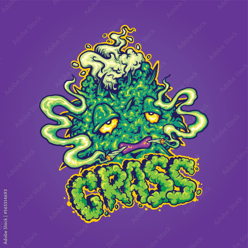 Smoking cannabis joint weed leaf plant with grass hand lettering word