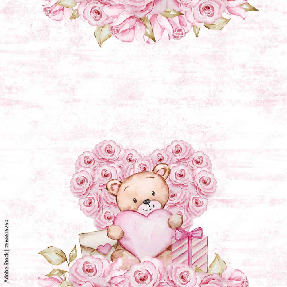 Seamless Valentine's Day pattern of watercolor teddy bears