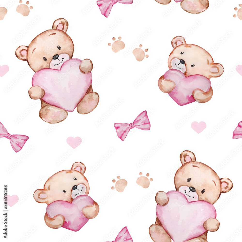 Seamless pattern Valentine's Day of watercolor teddy bears and hearts