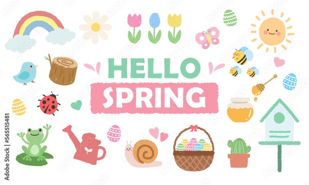 Hand-drawn crayon style spring elements covering cute animal and plant motifs Hand-drawn crayon style spring elements covering cute animal and plant motifs