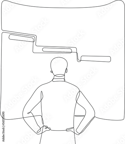 Continuous one line drawing businessman manager looking at AR screen with Gantt chart schedule. Project planning concept. Single line draw design vector graphic illustration.