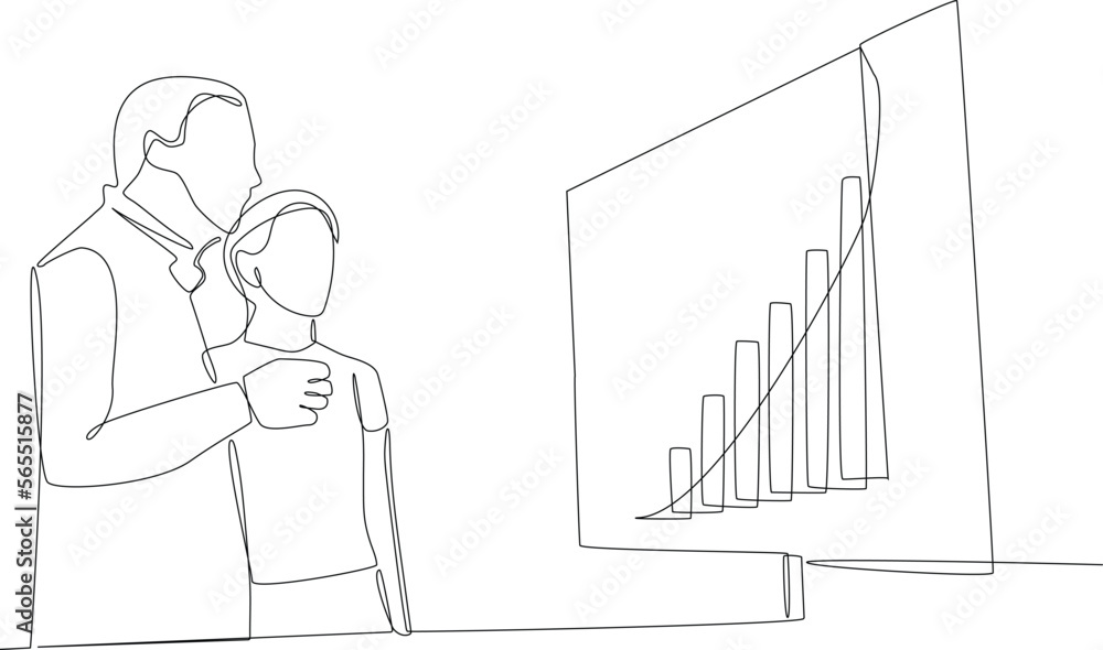 Continuous one line drawing businessman team analyzing project planning. Project planning concept. Single line draw design vector graphic illustration.