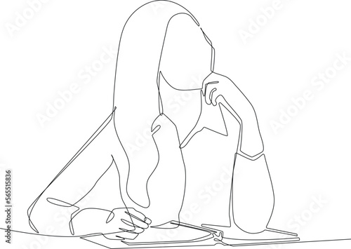 Continuous one line drawing business woman thinking about business next plan. Project planning concept. Single line draw design vector graphic illustration.