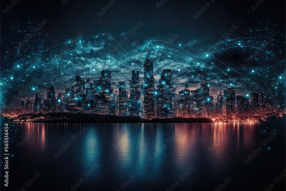 a modern wireless networked big city at night and water. future. Generative AI