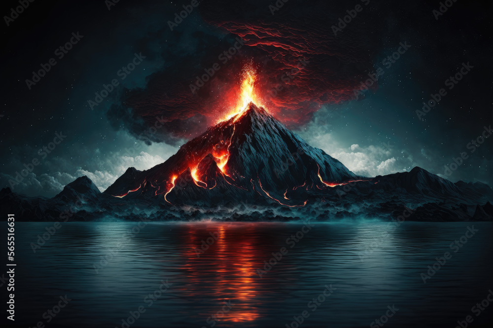 a violent volcanic explosion at night in the middle of an island on the water. Generative AI a violent volcanic explosion at night in the middle of an island on the water. Generative AI