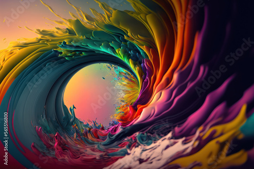 Generative AI illustration of colorful abstract background of paint splash swirling around centre of image