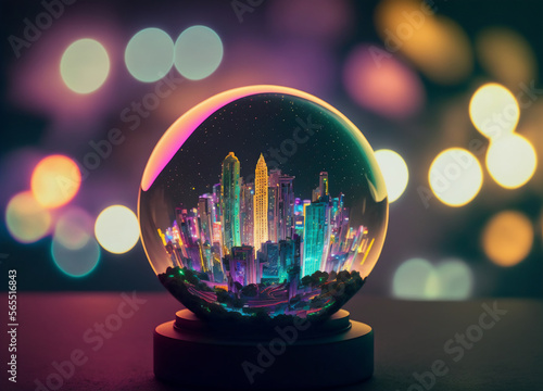 A real cityscape building up on neon globe, the background is bokeh a beautiful landscape. made with generative ai