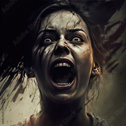 Generative AI illustration of conceptual image of fear with woman screaming in terror