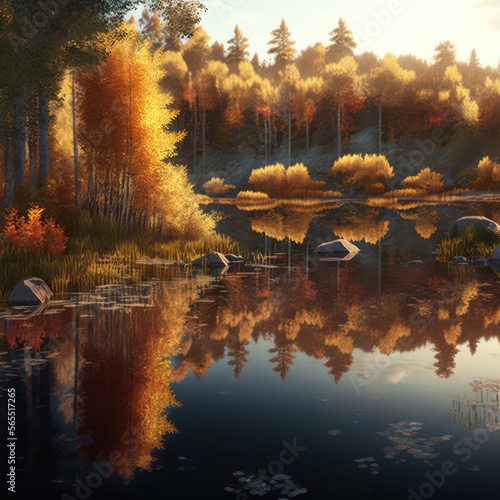 Generative AI illustration of colorful, vibrant Autumn Fall lake and forest landscape image