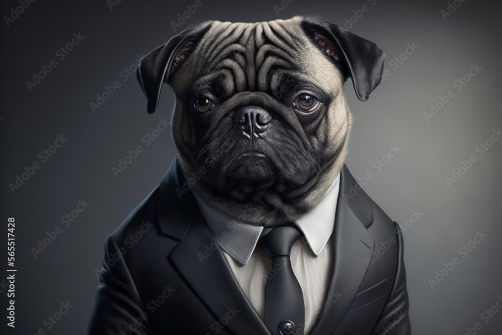 Grumpy Pug in a suit and tie for business