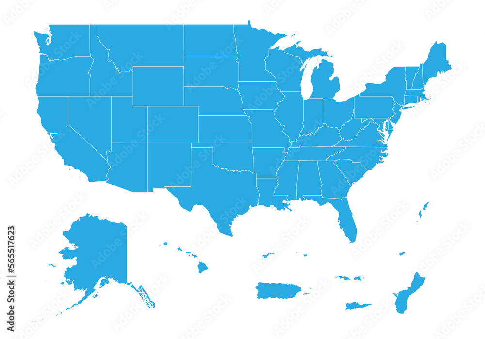 usa Territories map. High detailed blue map of usa on PNG transparent background.
