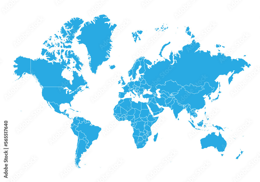 world map. High detailed blue map of world on PNG transparent background.