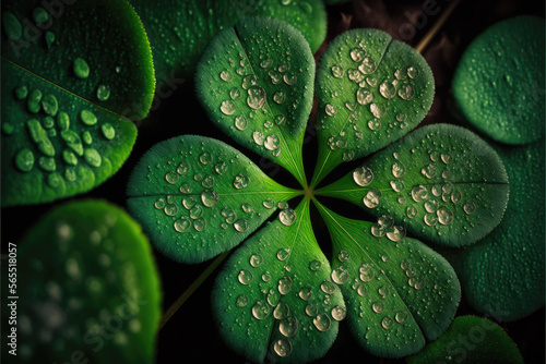 closeup of a five leaf clover with water drops on it. Generative AI