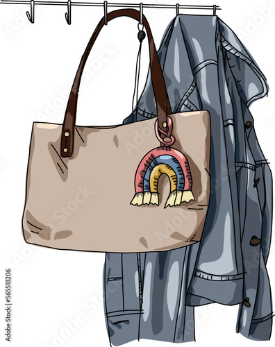 Illustration Vector bag and jeans/denim jacket at hook in the bedroom