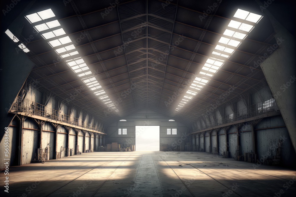 Inside empty warehouse or hangar with large steel structure for industrial background. Peculiar AI generative image. - obrazy, fototapety, plakaty 