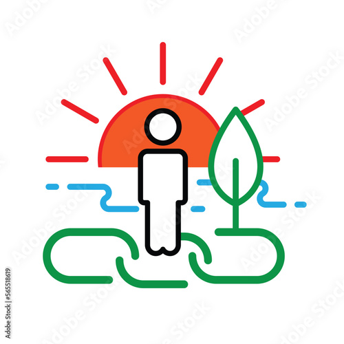 Human and natural resource icons connected with chain link symbol as a gimmick of human-nature connection. Vector illustration outline flat design style.
