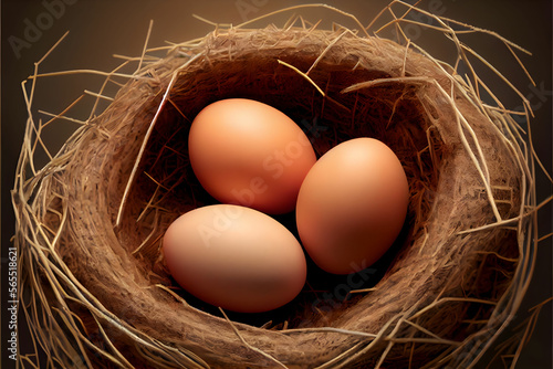 A Clutch of Freshly Laid Chickens Eggs in a Straw Nest Generative AI