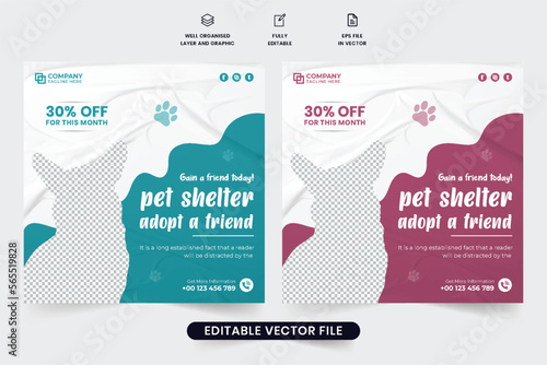Animal shelter and adoption social media post vector with dark magenta and ocean blue colors. Pet shop and grooming web banner template for marketing. Pet adoption poster design with abstract shapes.