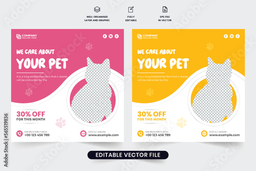 Pet shelter social media post vector with yellow and pink colors. Animal adoption and grooming center advertisement web banner vector. Petcare promotional poster design with geometric shapes.