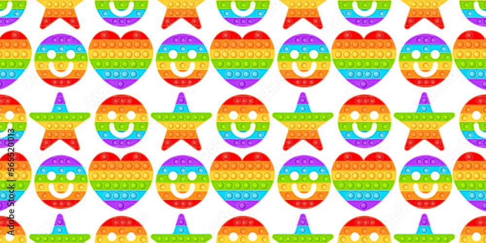 Tile seamless background with popit fidget toy.Naive pop it sensory toy.Fun background with 3d realistic antistress fidgeting toy.Vector wallpaper, backdrop with rainbow bubble pop it fidget.
