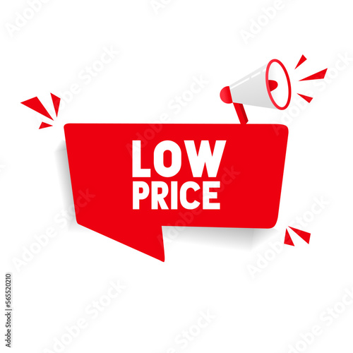 Low price. Low price label with megaphone icon. Flat style vector illustration.