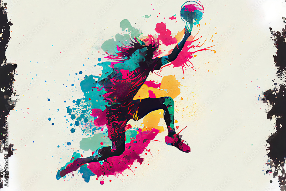 Abstract handball player jumping with the ball from splash of watercolors